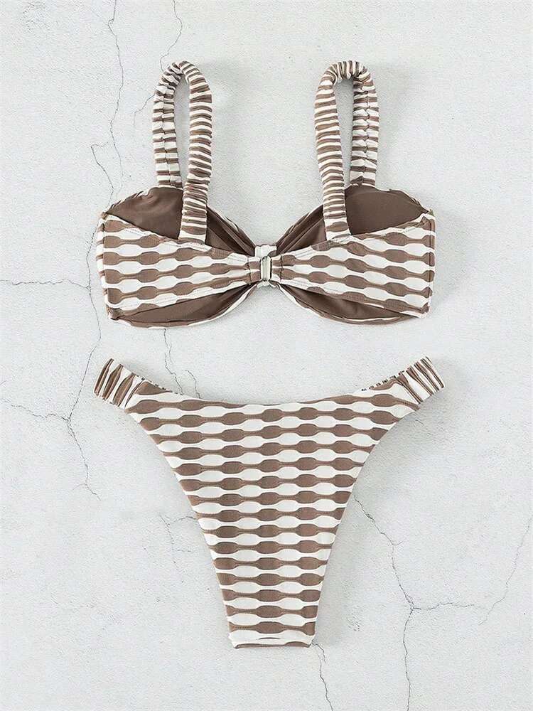 Dongdumaoyi Sexy Khaki Plaid Print Bikinis Sets Women Luxury Stripe Front Bow Push Up Micro Swimsuit Summer Bathing Suit Thong Swimwear