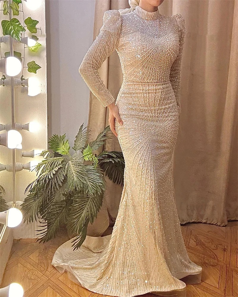 Simple Mermaid Evening Dresses High Collar Long Sleeves Gown Sequins Beaded Sweep Train Dress Party Customized Dress