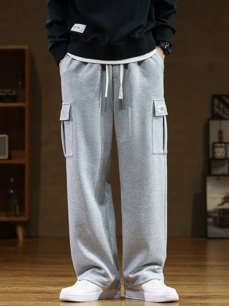 Autumn Sportswear Mens Multi Pocket Drawstring Cotton Casual Track Pants Loose Straight Trouser Large Size 8XL 250403