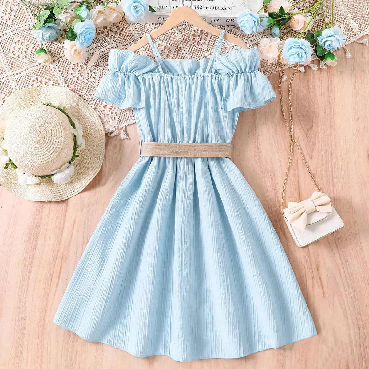 Summer Girl Dress Off Shoulder Fashion Girl Clothes Teenager Beach Dress with Belt Kid Outfits Children Clothing Plus Size Teens 250408