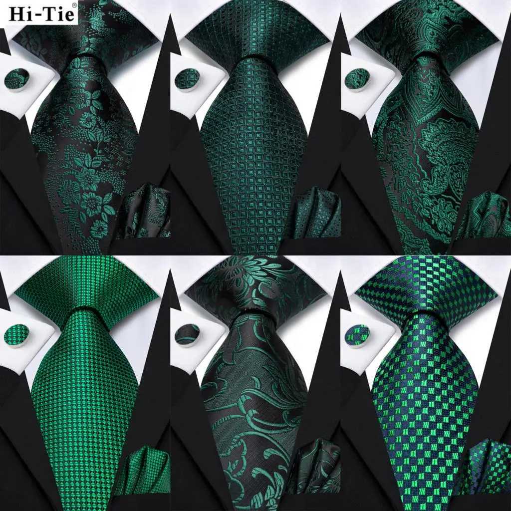 Hi-Tie Dark Green Psiy Silk Elegant Tie For Men Gro Wedding Men Necktie Pocket Square Cufflink Accessory Wholes Designer X250407
