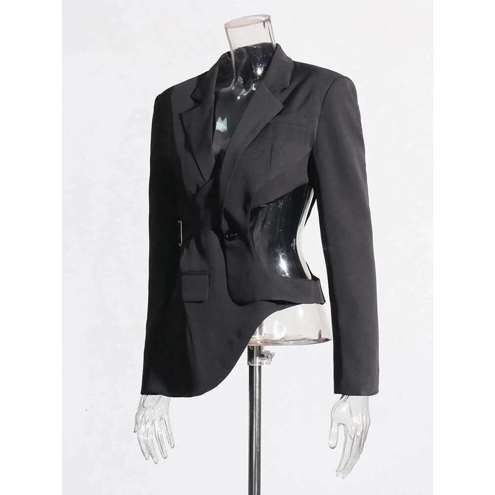 TWOTWINSTYLE Solid Hollow Out Backless Slimming Blazers For Women Notched Collar Long Sleeve Spliced Button Blazer Female New