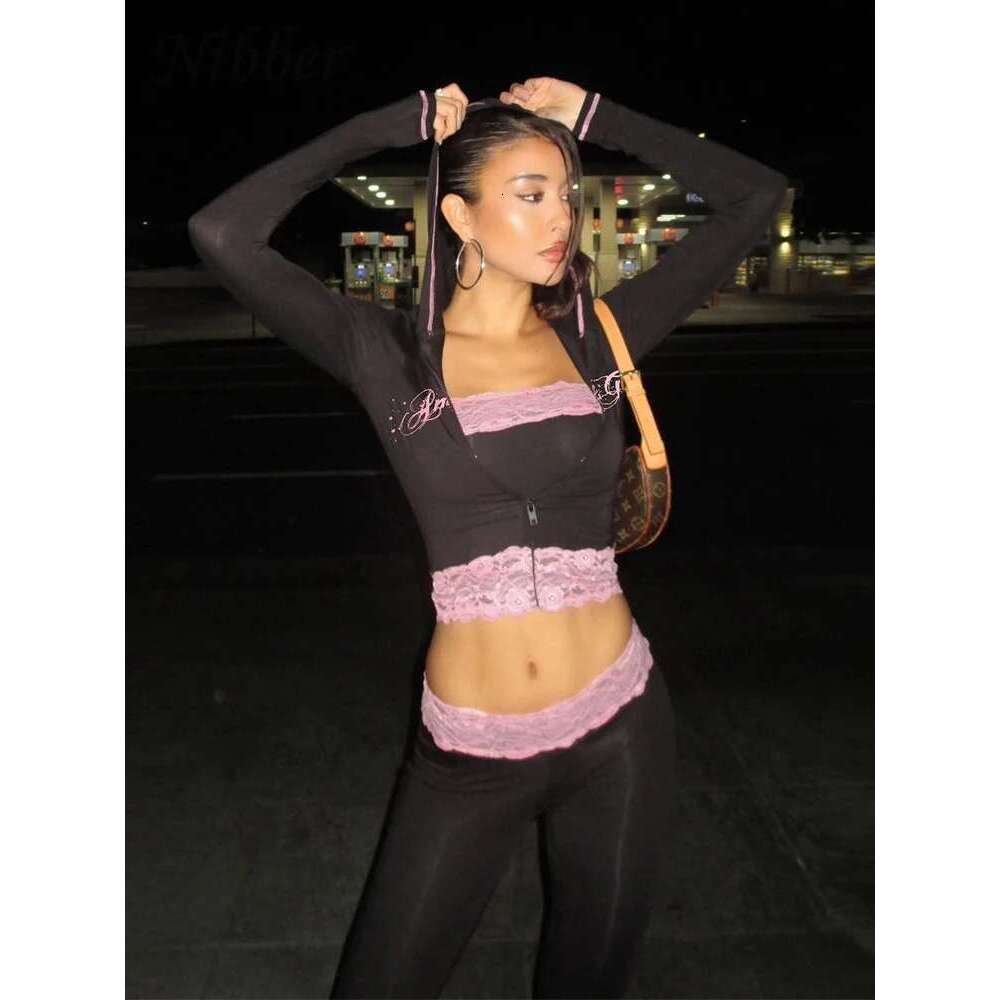 Nibber Lace Patchwork Woman 2 Piece Set Hooded Zip Crop Jacket+Patchwork Flare Pants Streetwear Casual Matching Outfits