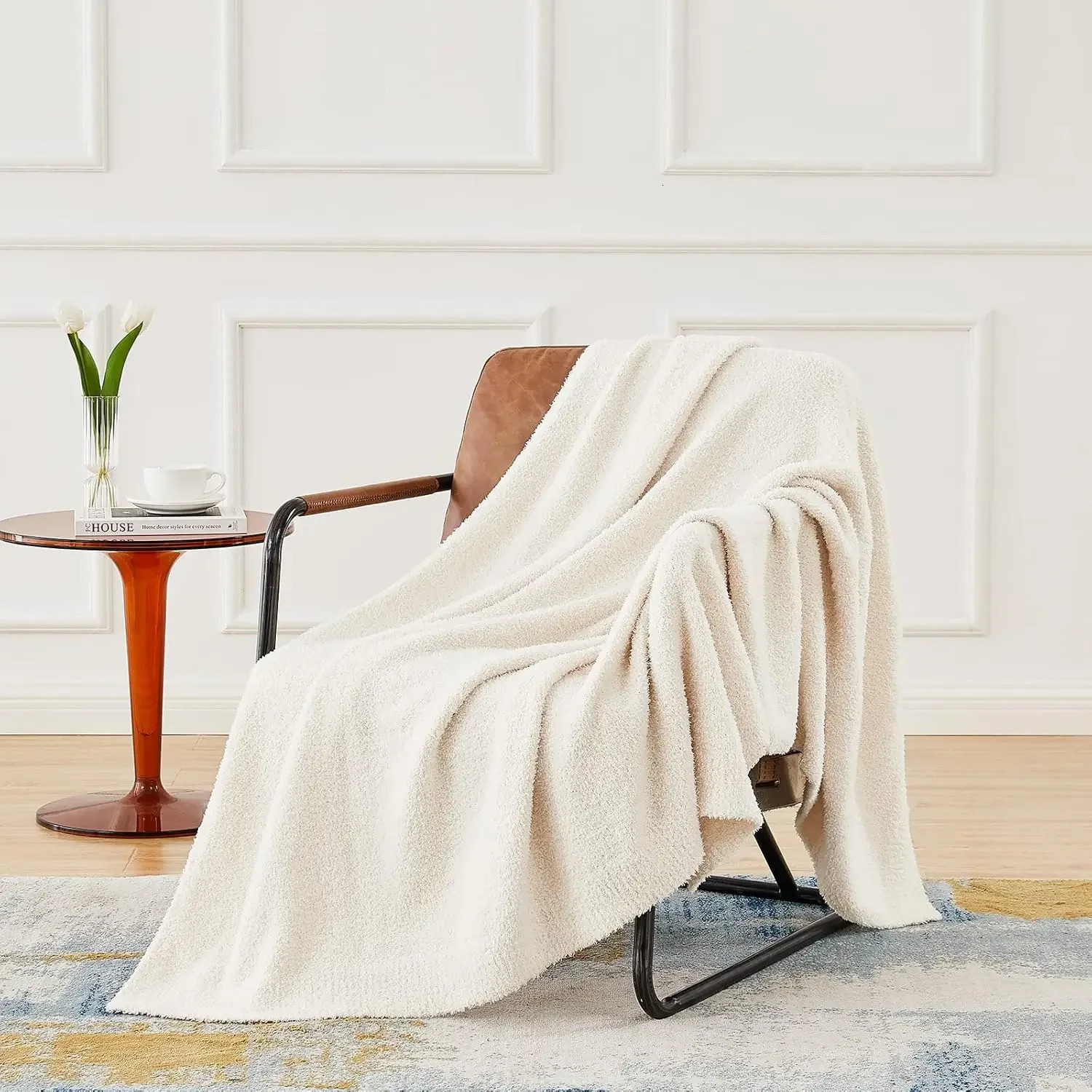 Knit Throw Blanket for Couch Cream White - Super Soft Lightweight Plush Fuzzy Fluffy Cozy Blankets 50 x 60 inches 250408