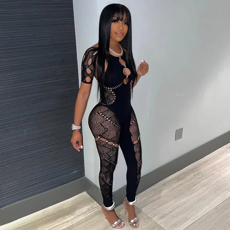 Sexy Hollow Out Sheer Skinny Jumpsuit Women Solid Halter Lace Up Short Sleeve Diamonds High Waist Y2k Rompers Club Streetwear 250407