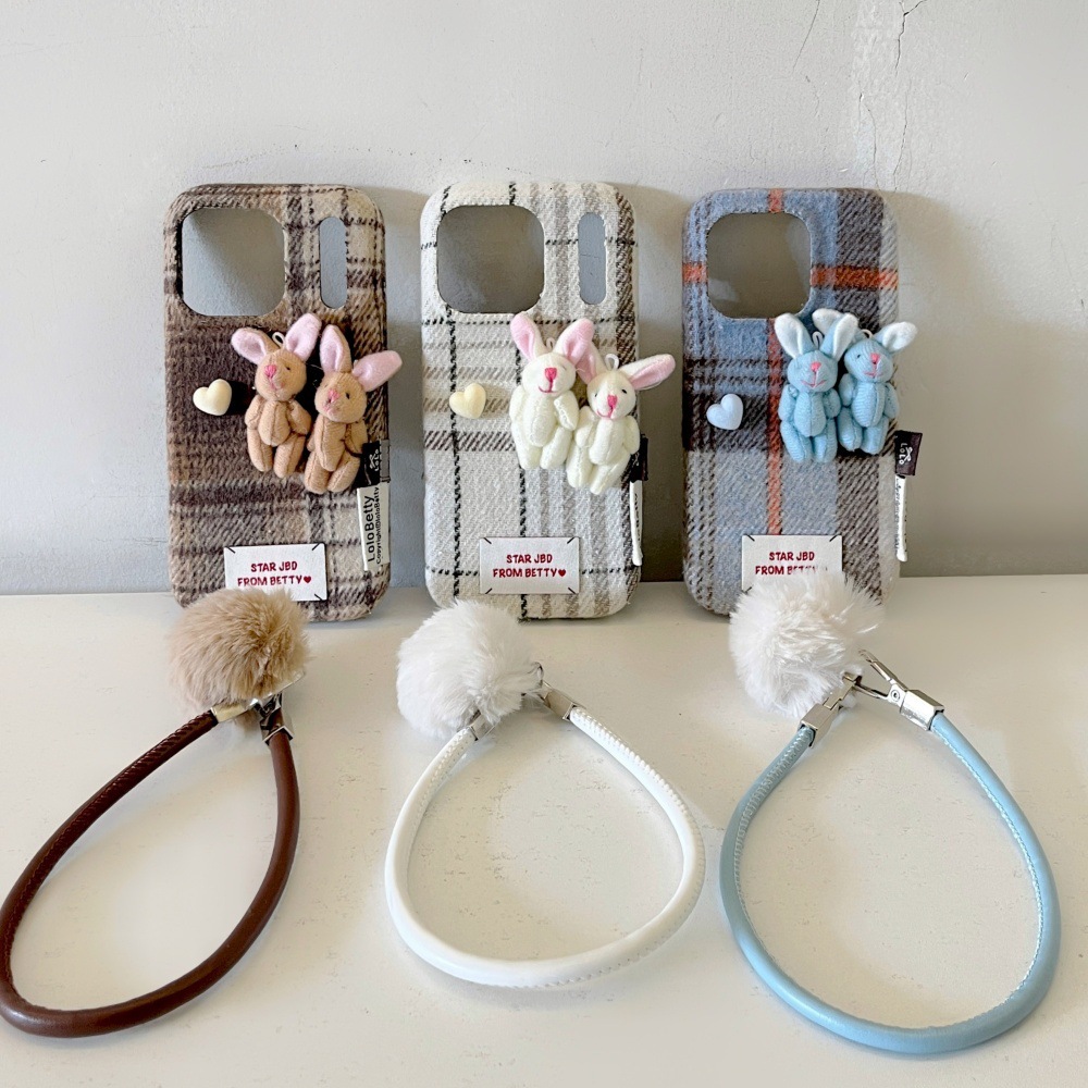 Velvet Plaid 3D Bear Phone Case Suitable for iPhone 17 Pro Max Plush Lanyard iPhone 16/15 Pro 14
