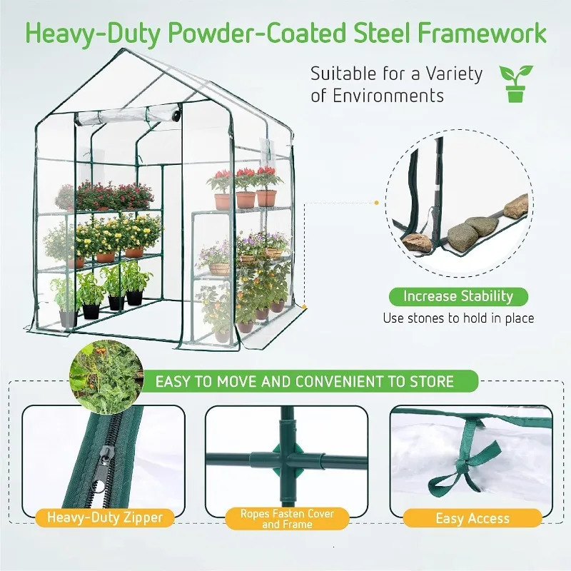 Transparent mini walk-in greenhouse with windows and anchors plant garden house with 2 floors and 8 frames 250403