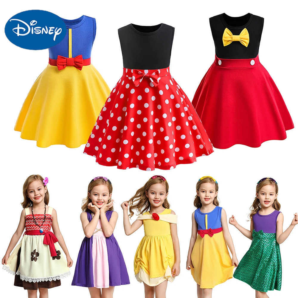 Disney Sunmmer Girls Dress Sleeveless Patchwork Princess Dress Casual Belle Moana Daily Vestidos Children Clothing Pajamas Sweet Girl X250408