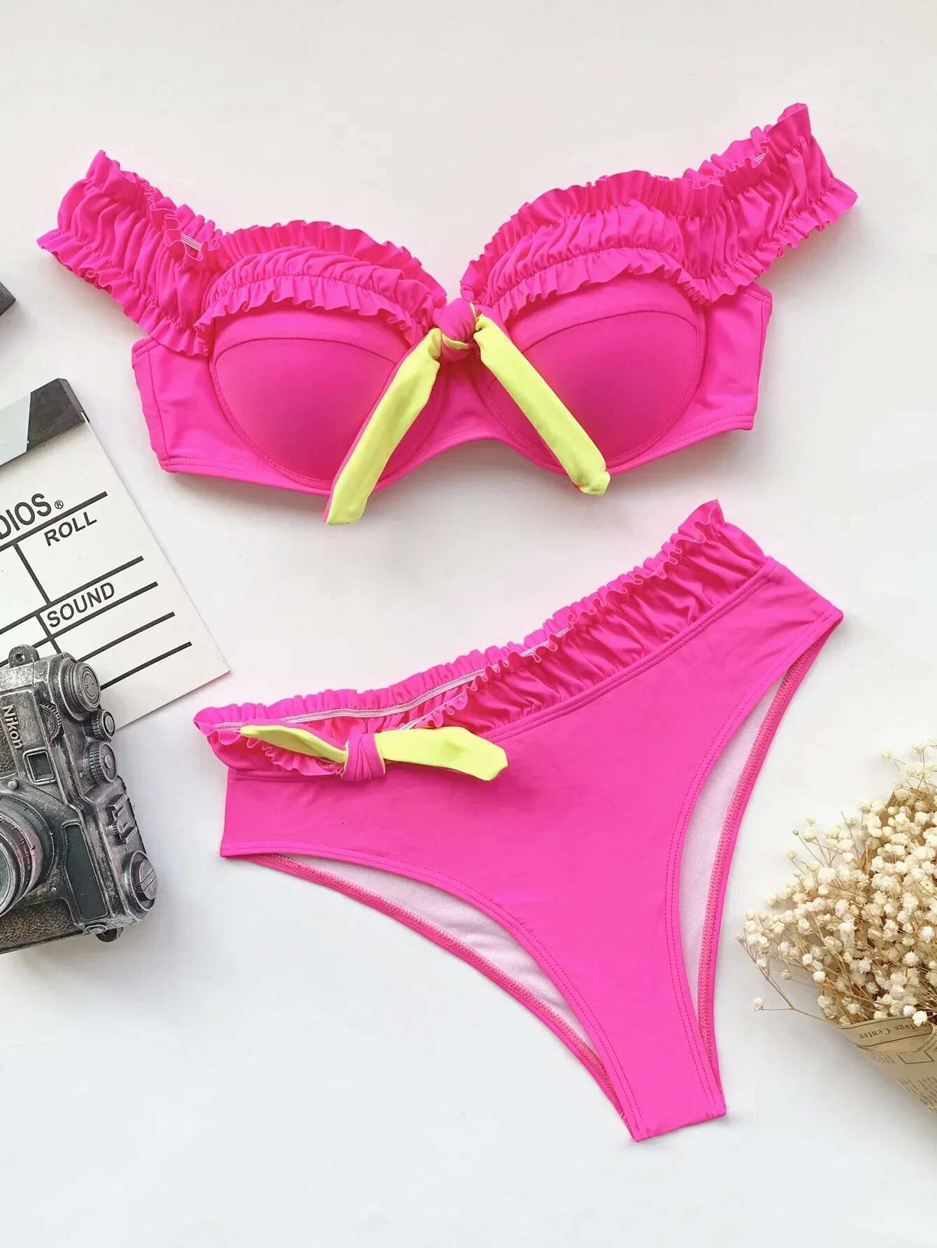 Dongdumaoyi Sexy High Waist Bikini Set Women Solid Neon Hot Pink Ruffled Padded Swimsuit Female Push Up Bathing Suit Swimwear Biquini