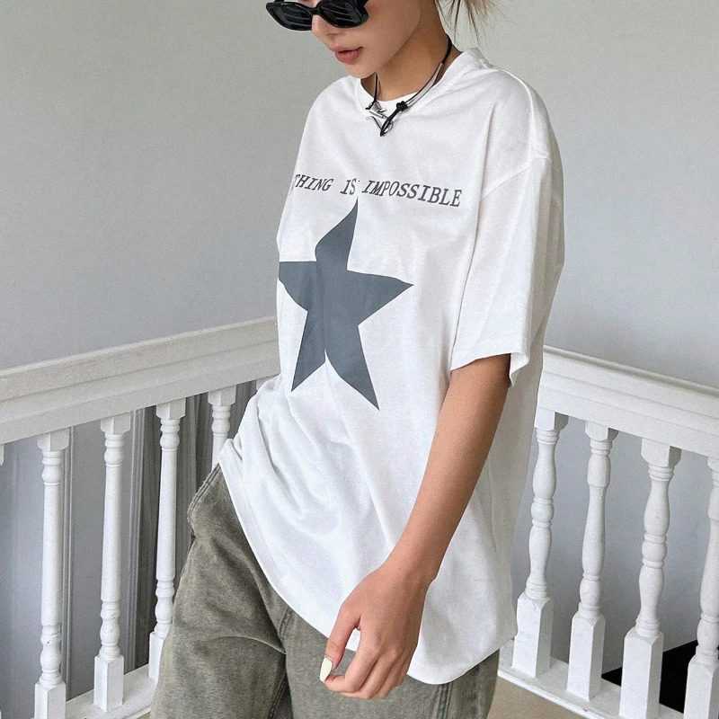 Star Letter graphic pattern printing series round neck loose short sleeved Tshirt summer casual fashion travel for girls 250407