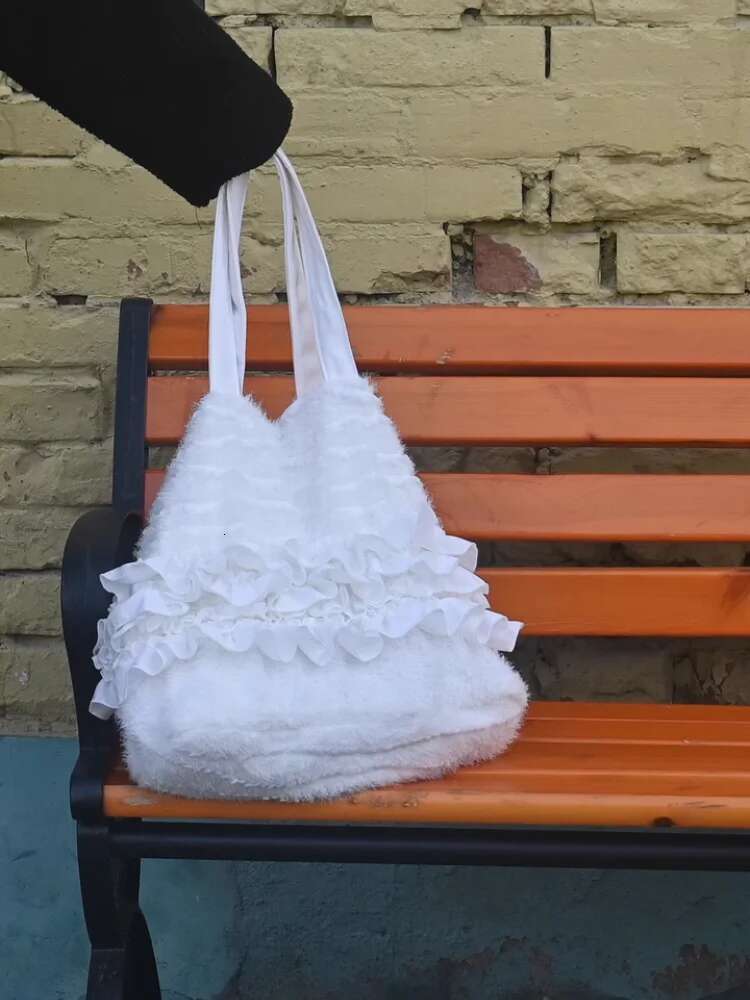 Sweet Multi-Layer Pleated Lace Side Tote Handmade White Special Fabric Shoulder Bag Girls Large Capacity Drawstring Handbag