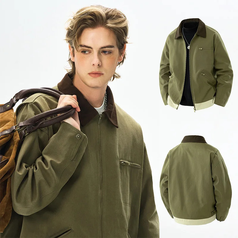Fashionable mens jacket autumn casual retro style denim zipper pocket windproof camping baseball 250407