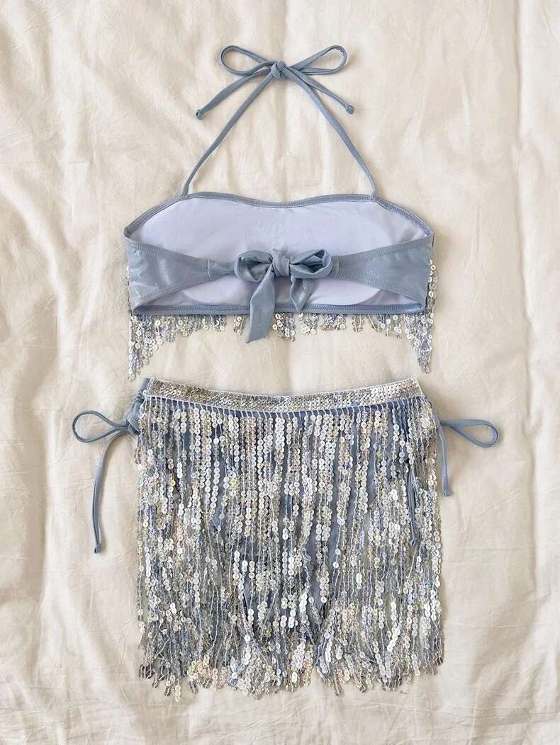 Dongdumaoyi Shiny Glitter Bikini Set Women Sexy Bandeau Push Up Sequin Tassel Swimsuit Ladies Beach Bathing Suit High Waist Swimwear