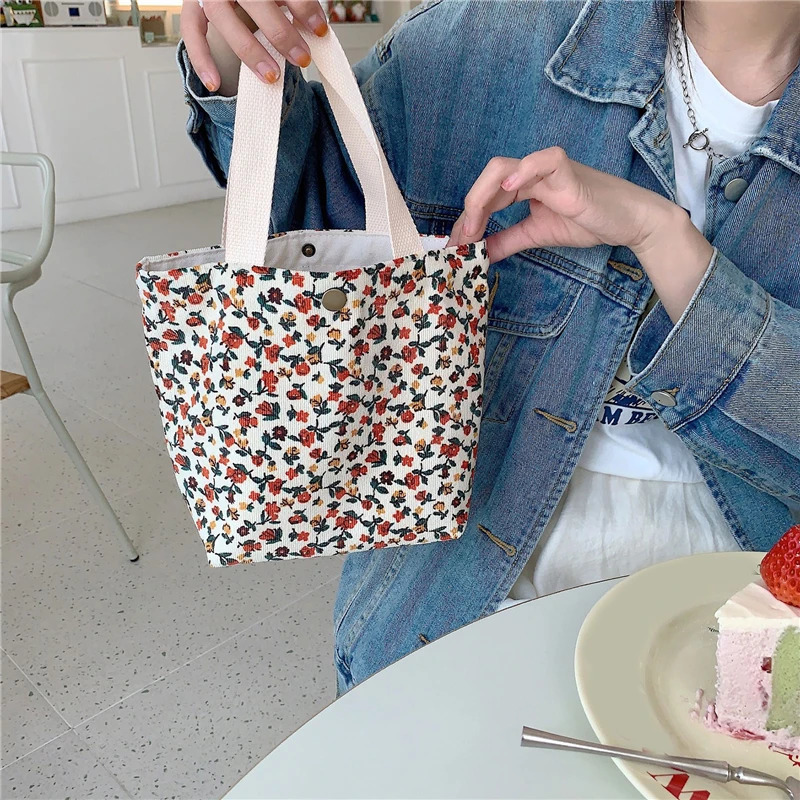 Womens buckle handheld food bag Corduroy commuting lunch student literature picnic travel bento box handbag 250401
