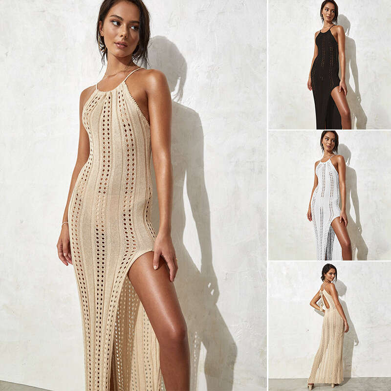 European and American suspender solid color sleeveless knitted hollow swimsuit vacation beach long dress women's 2025 new casual fashion trend cl