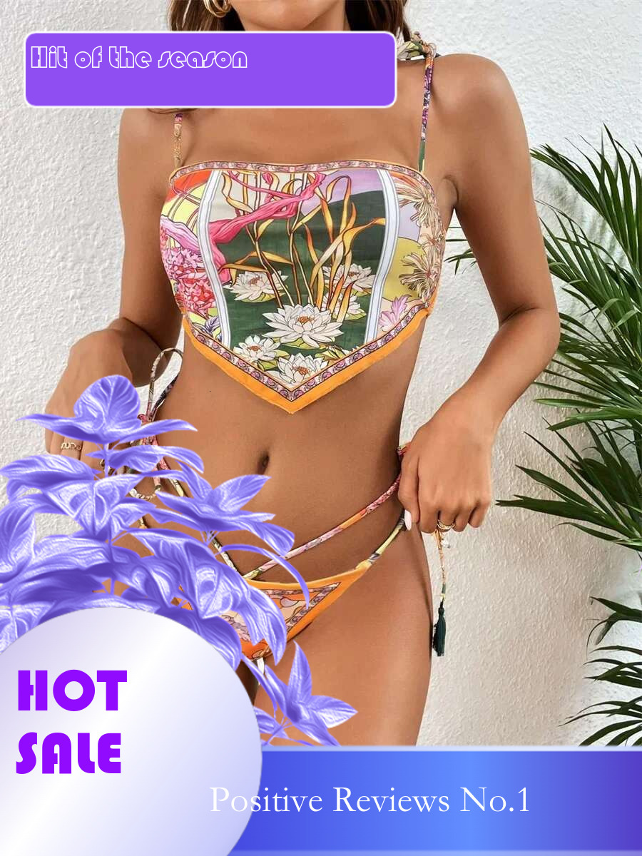 Dongdumaoyi Vintage Print Bikini Set Women Halter Push Up Crop Top Hollow Out High Waist Swimwear Beach Bathing Suit Lace Swimsuit