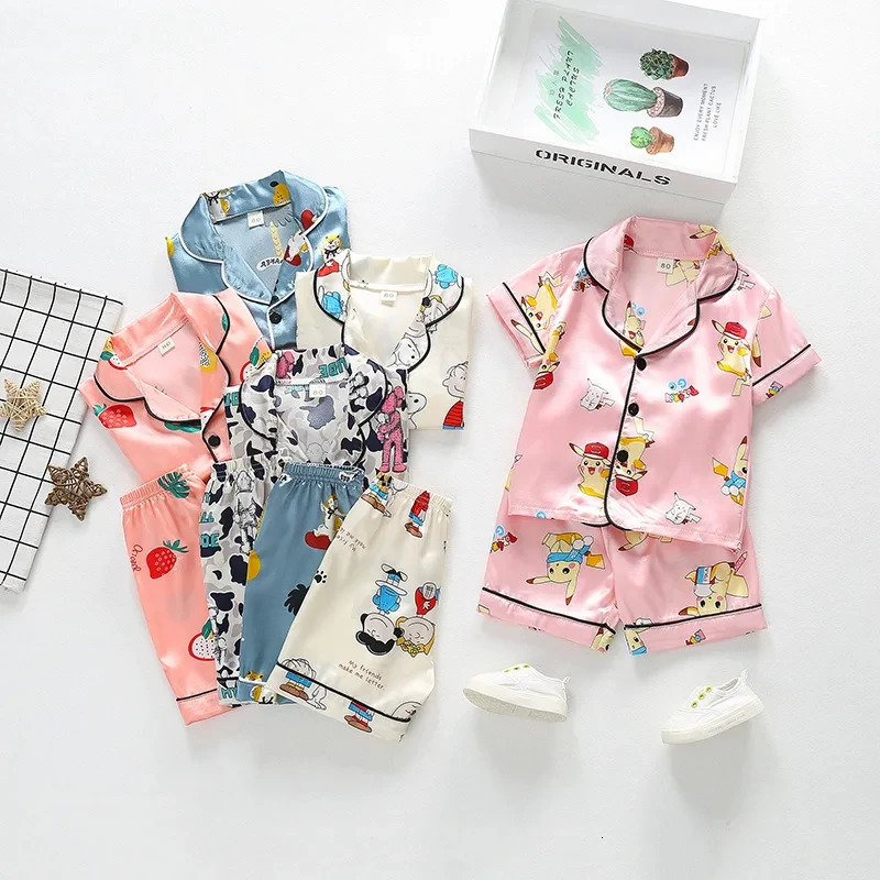 Kids Ice Silk Pajama Set Summer Baby Boys Girls Silk Satin Cardigan Short SleeveShorts 2Pcs Sets Children Casual Home Sleepwear 250407