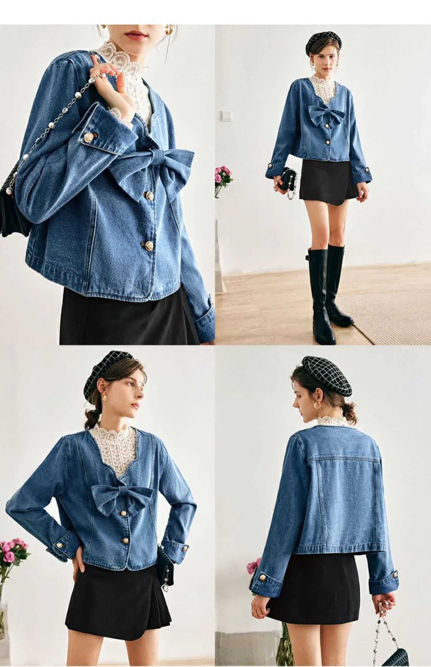 OLrain denim womens jacket spring cotton Petal collar metal bow long sleeved retro O22QW65202 250407