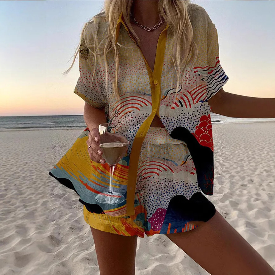 Summer Beach suit Women fashion lapel short sleeve shirt and elastic waist short two piece set Female vocation style print set 250407