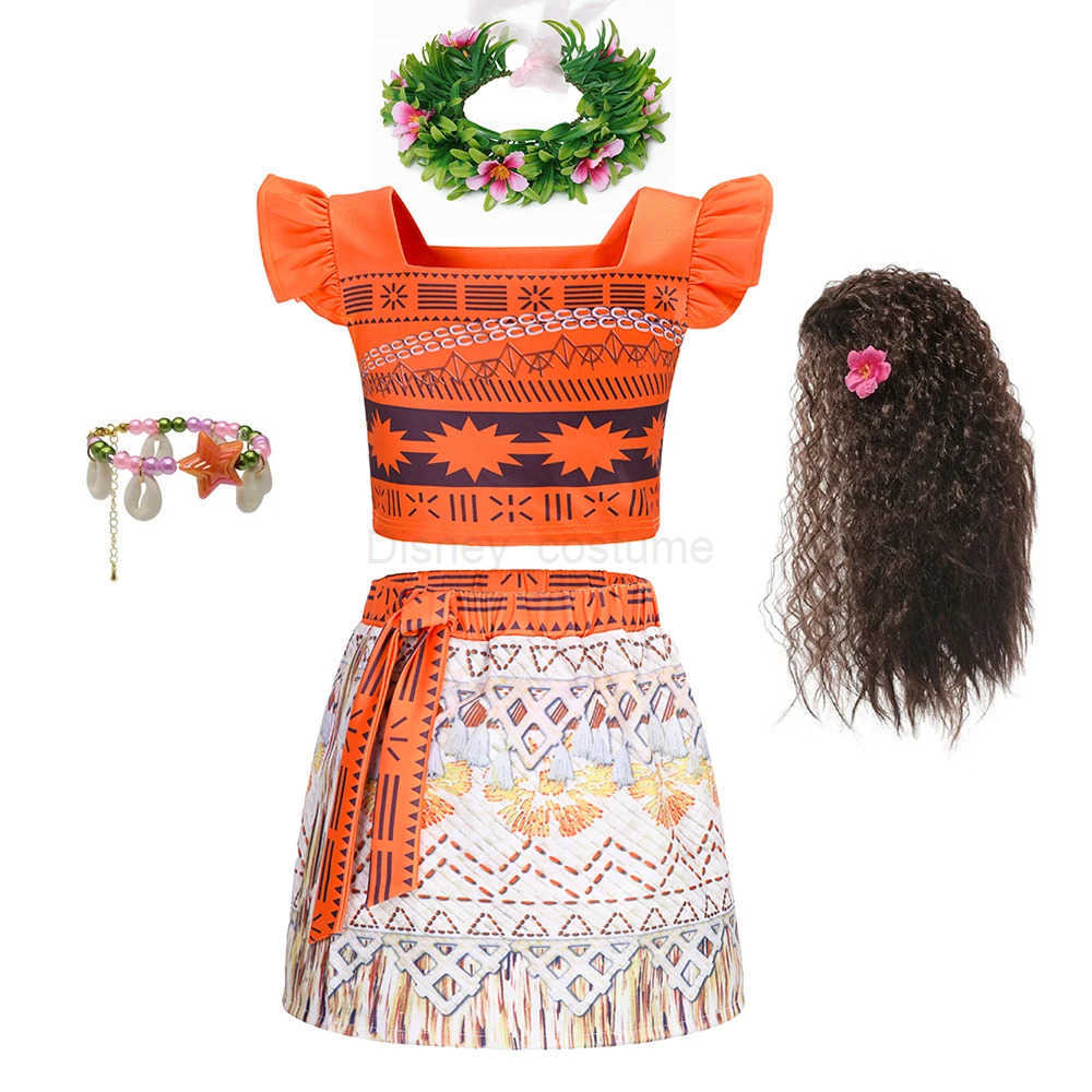 Disney 2PCS Full Printing Moana Dress for Kids Girl Casual Dresses 2-10Y Toddler Cosplay Clothing Set with Necklace Flying Sleeve X250408
