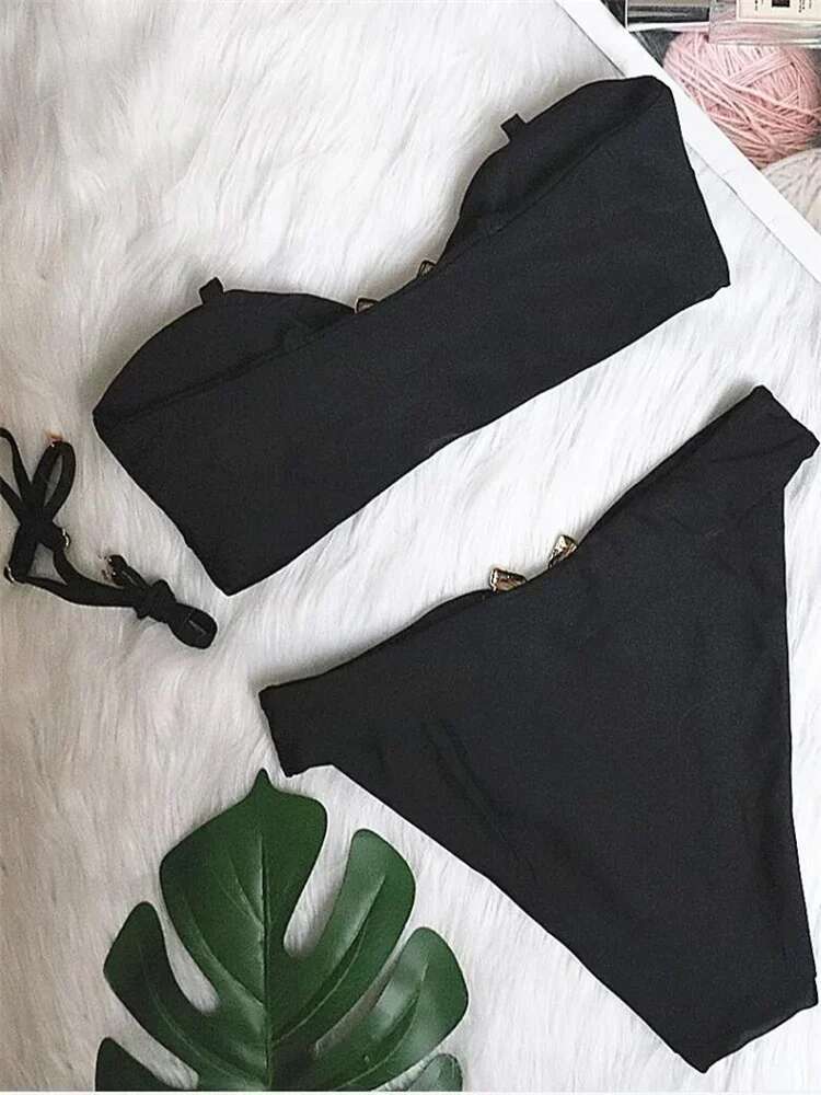 Dongdumaoyi Sexy Black Bikini Women Bandeau High Cut Push Up Padded Luxury Solid Rhinestone Swimwear Brazilian Bathing Suit Swimsuit