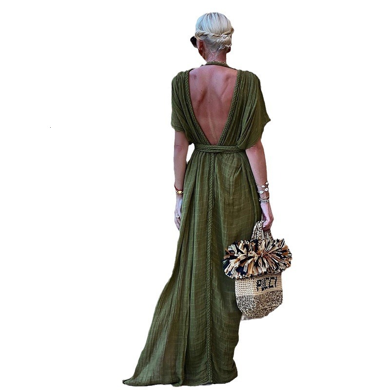 New bamboo cloth button waist rope long skirt cardigan vacation beach coat long skirt bikini womens dress