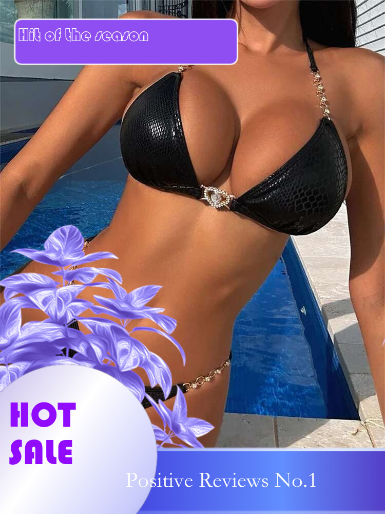 Dongdumaoyi Luxury Rhinestone Bikini Women Black Bronzing Metal Chain Strap Push Up Micro Swimsuit Sexy Bathing Suit Thong Swimwear