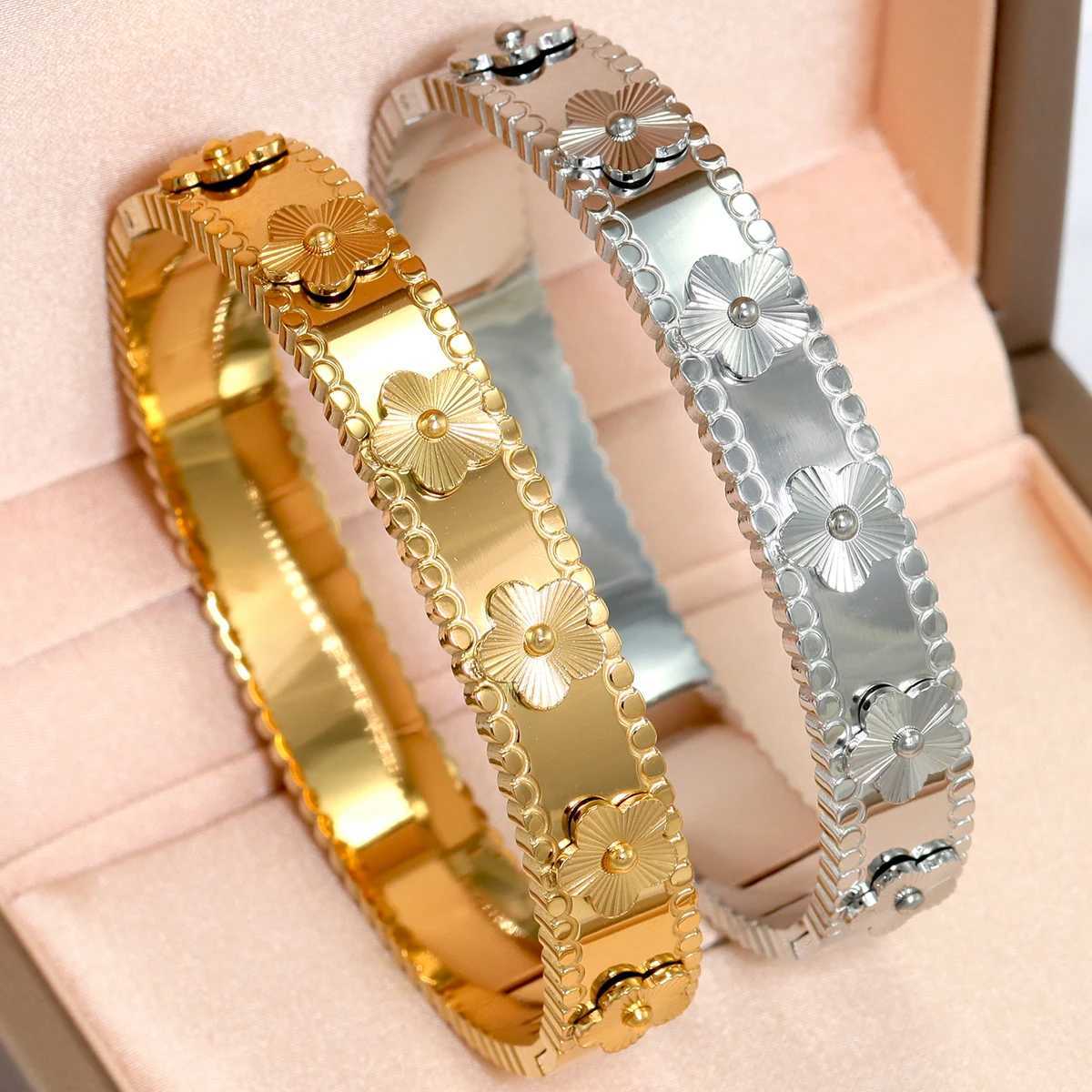 1Pc Fashion Flower Stainless Steel Bracelet Vintage Handmade Jewelry Y250408