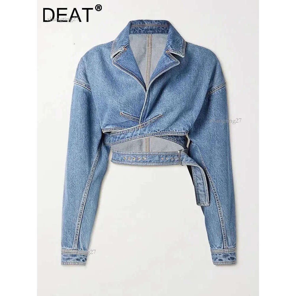 DEAT Women Denim Jackets Notched Collar Long Sleeve Crossed High Waist Spliced Belt Short Coat 2024 Summer Fashion 7AB3526 240715