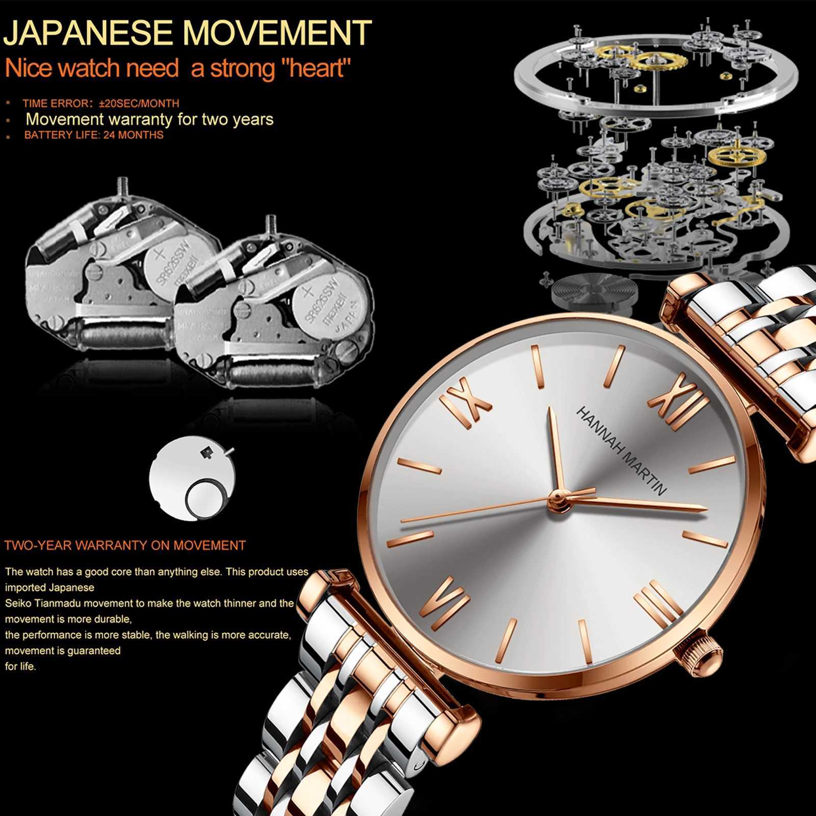 Hannah Martin the top brand of new womens casual watches in 2024 is a Japanese sports stainless steel fashion Roman scale womens quartz watchT250408