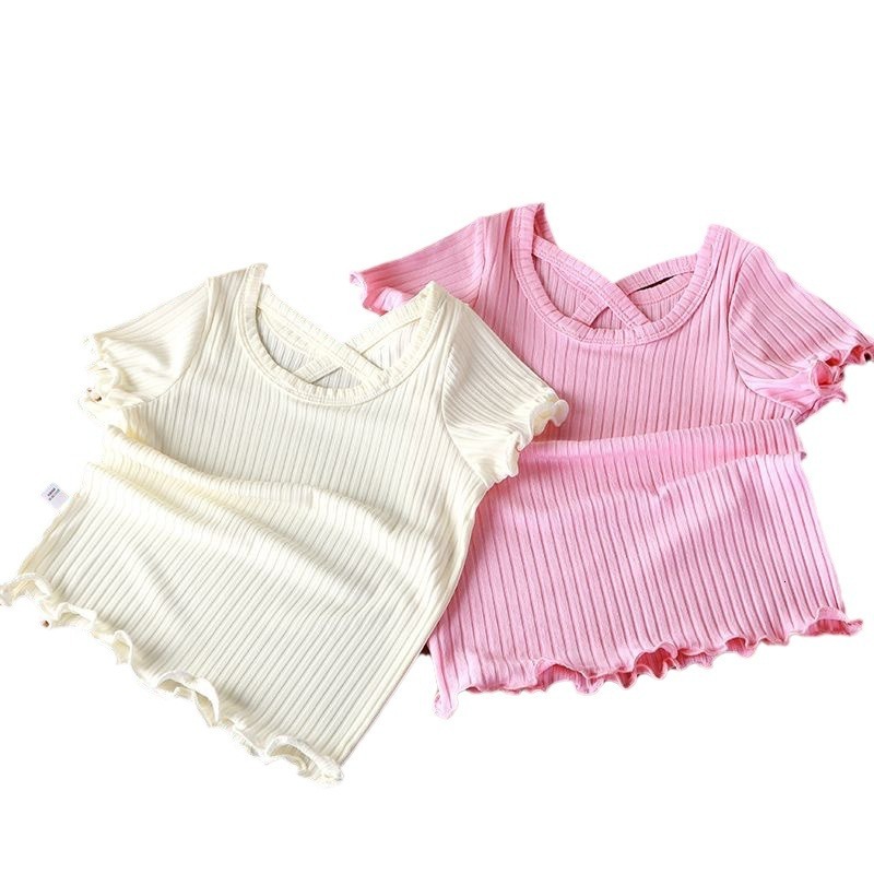 Ddmyshoesvip New Girls Short Sleeved Fashionable Women S Treasure Lotus Leaf Sleeves Korean Version Western Style Ice Silk T Shirt Lace Summer Solid C