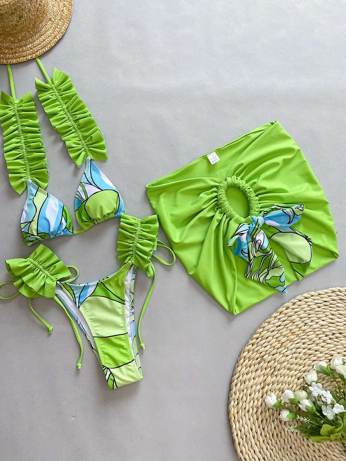Dongdumaoyi Sexy Ruffle Pleate Strap Bikini Women Purple Floral Print Skirt Sarong Piece Swimsuit Bathing Suit Coverup Thong Swimwear