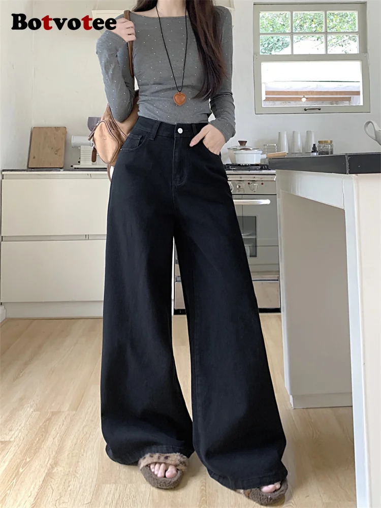 Botvotee Brown Pocket Jeans Womens High Waist Wide Leg Street Clothing Y2k Fashion Black Denim Pants Beige Slow 250407