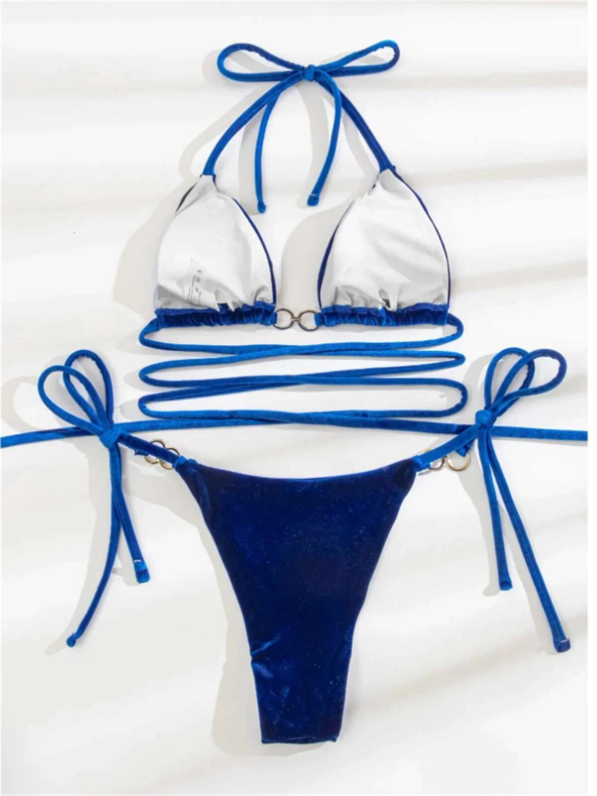 Dongdumaoyi Sexy Velvet Bikini Women Blue Green Criss Cross Swimsuit Brazilian Bathing Suit Push Up Tie Side Triangle Swimwear