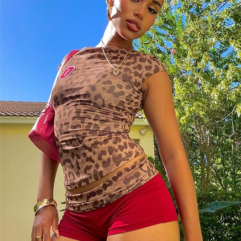 Weird Puss Leopard Print Women 2 Piece Set Tracksuit Sexy Shorts Sleeve Crop TopsShorts Stretch Matching Outfits 250407