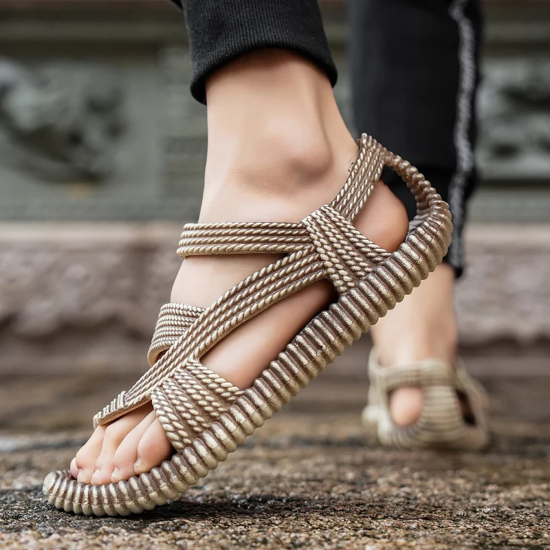 Summer Mens Straw Sandals Mens Casual Shoes Personality Wear-resistant Sandal for Men Outdoor Beach Flip-flop Size Plus 36-47 250408