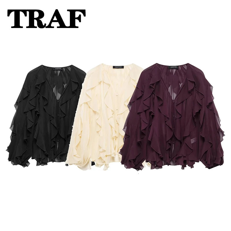 TRAF Woman Rucffles Shirt Sexy Semi-Transparent Loose Shirts for Women V-Neck Long Sleeve Womens Casual Shirt And Blouses Top 250408