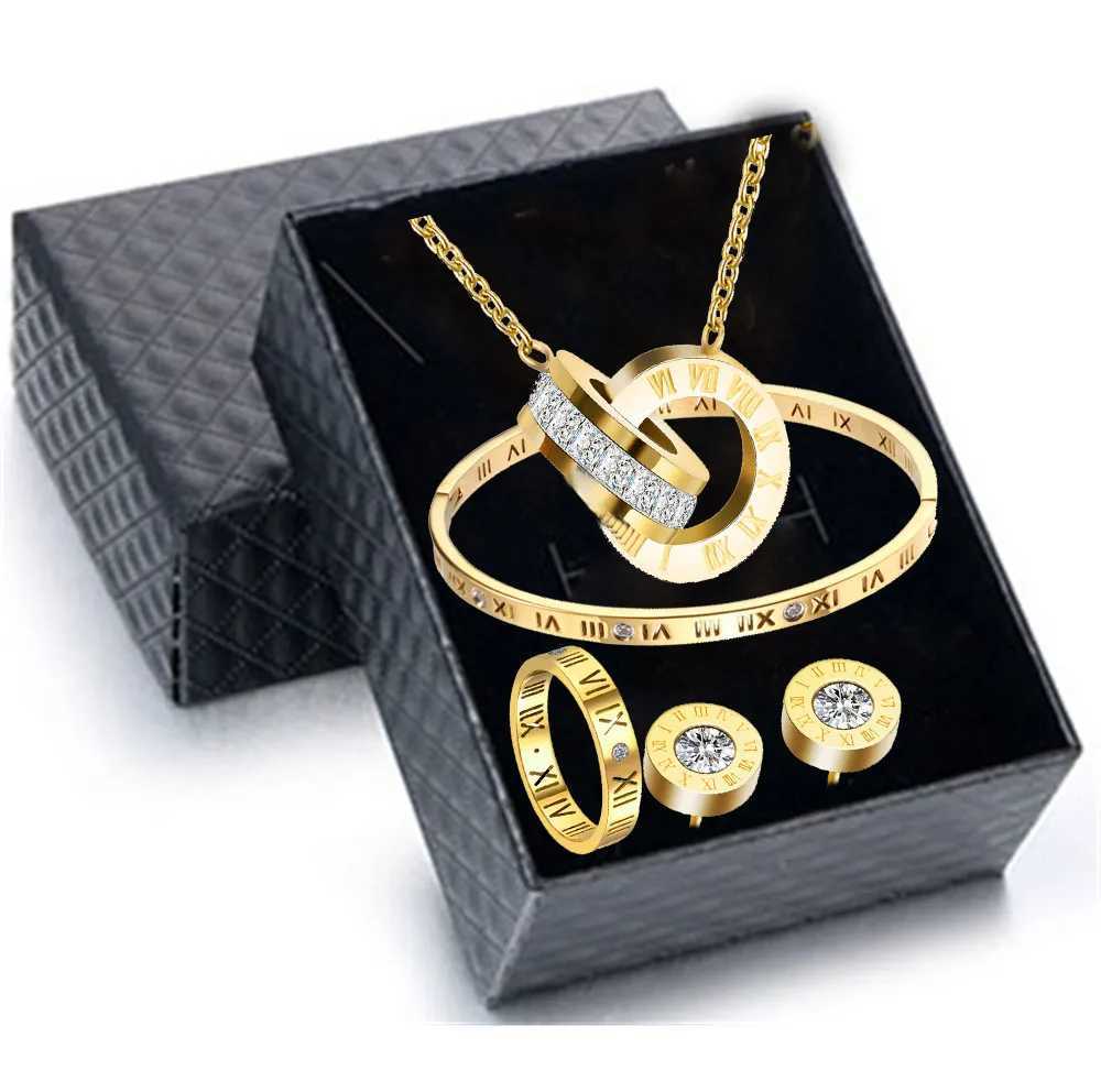 Luxury Roman numeral necklace earring bracelet ring set womens timeless 316L stainless steel wedding jewelry set gift box Y250408