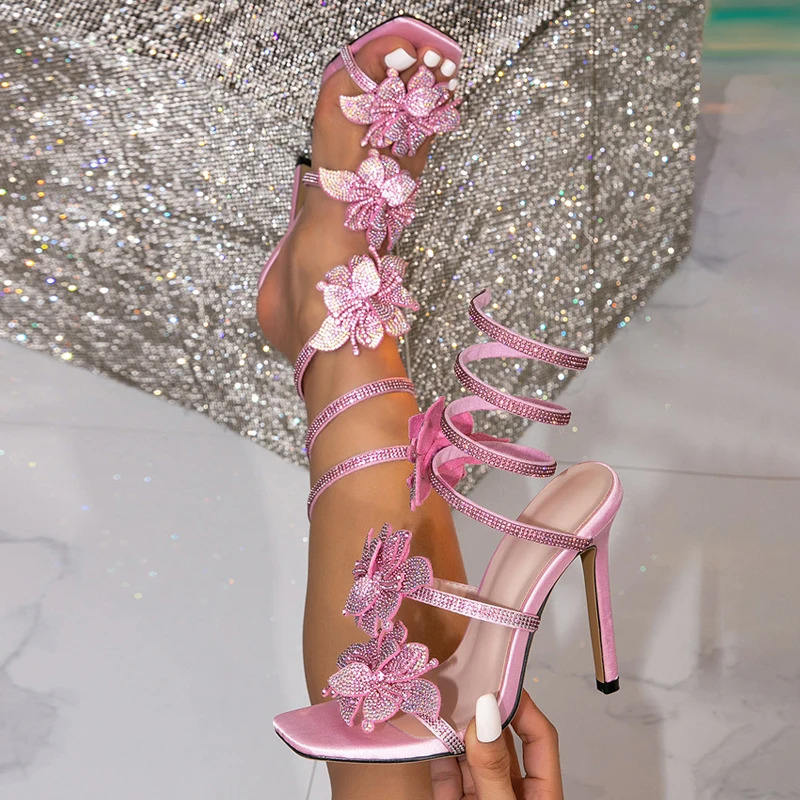 Liyke Star Style Crystal Flowers Snake Coiled Ankle Strap Sandals Women Sexy Open Toe High Heels Summer Fashion Party Prom Shoes 250407