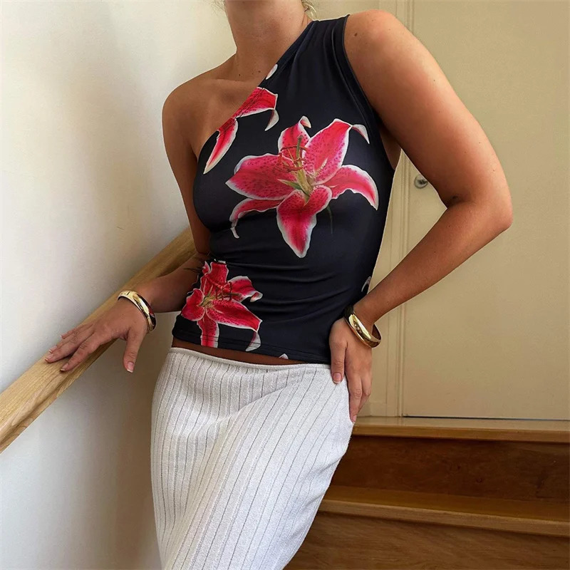 Xingqing One Shoulder Tank Top for Women Floral Print Sleeveless Backless Vest Cropped T Shirt y2k Aesthetic Clothing Streetwear 250407