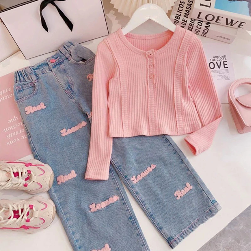 Spring Autumn Girls Clothing Set Solid Color Long Sleeve TopLetter Print Wide Leg Jeans 2Pcs For 4-12Y Kids Fashion Outfit 250407