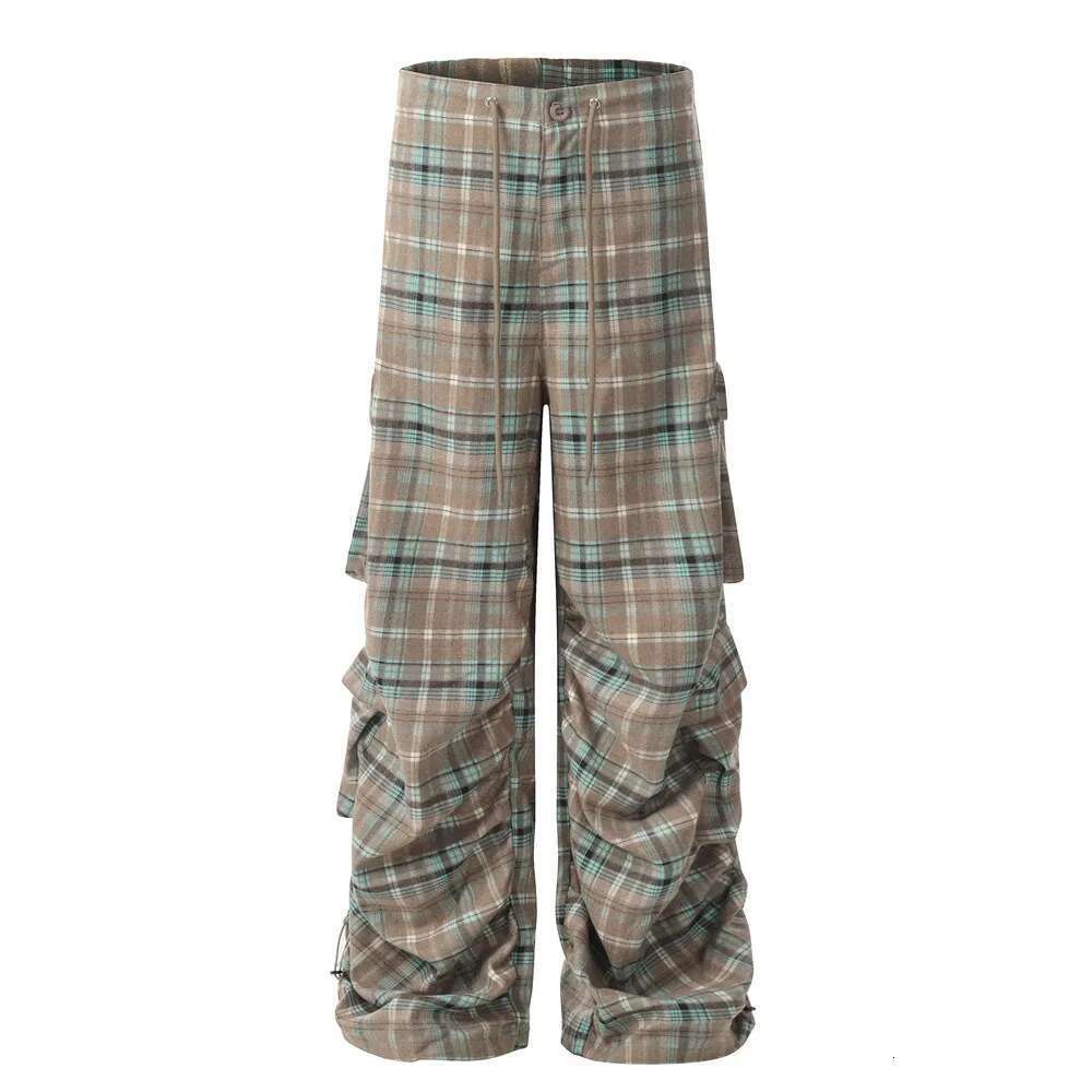 Pleated Plaid Cargo Pants Mens Pocket Hip Hop Streetwear Drawstring Elastic Waist Wide Leg Trousers Men