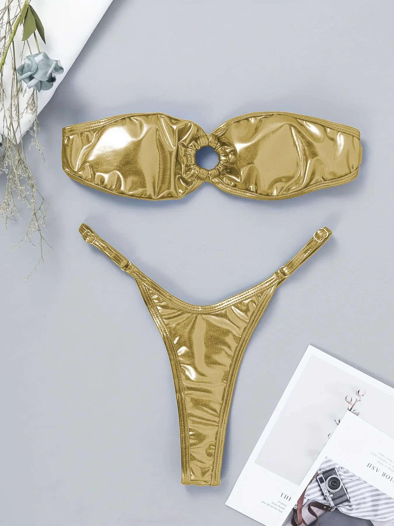 Dongdumaoyi Sexy Bandeau Bikini Women Gold Black Metal Ring Linked Hollow Out Push Up Micro Swimsuit Shiny Bathing Suit Thong Swimwear