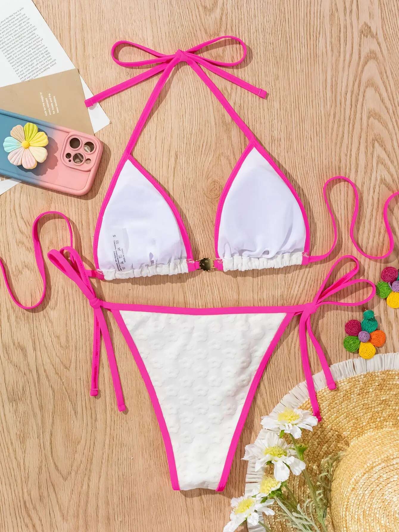 Dongdumaoyi Sexy Pink White Contrast Bikini Set Women Luxury Pearls Push Up Thong Swimsuit Beach Bathing Suit Bandage Micro Swimwear