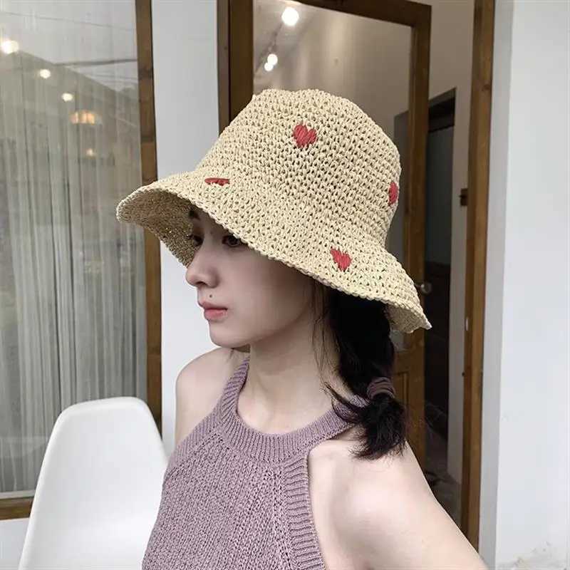 RH Wens Vacation isure Red Love Crochet Handmade Straw Hat Breathab Panama Paper Grass Summer Bucket Sun HatC250407