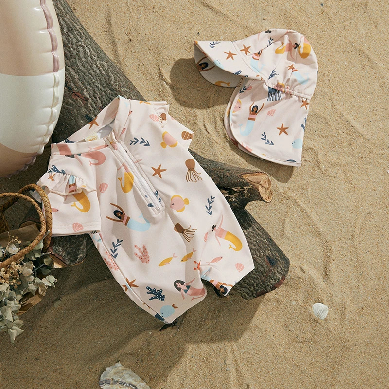 MISOWMNJOY Infant Baby Girl Summer Swimsuit Rash Guard Kids Beachwerar Short Sleeve Mermaid Kids Bathing Suit with Swim Cap 250407