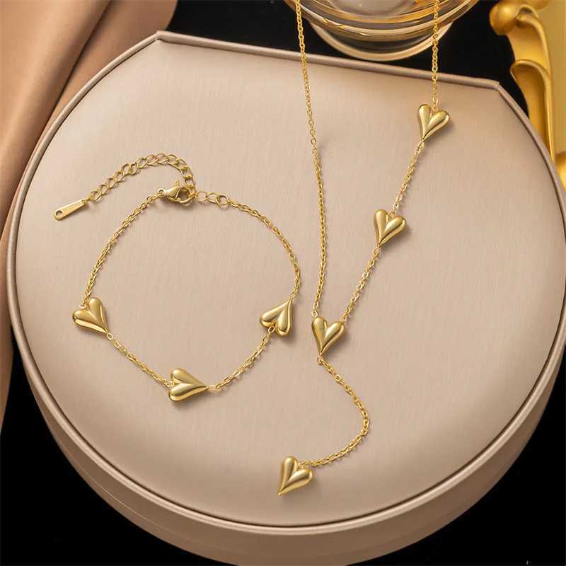 316L StainlESS Steel Simple Joker Chain Tassels Multiple Heart Gold Plated Jewelry Bracelet Necklace Set Jewelry Set Y250408