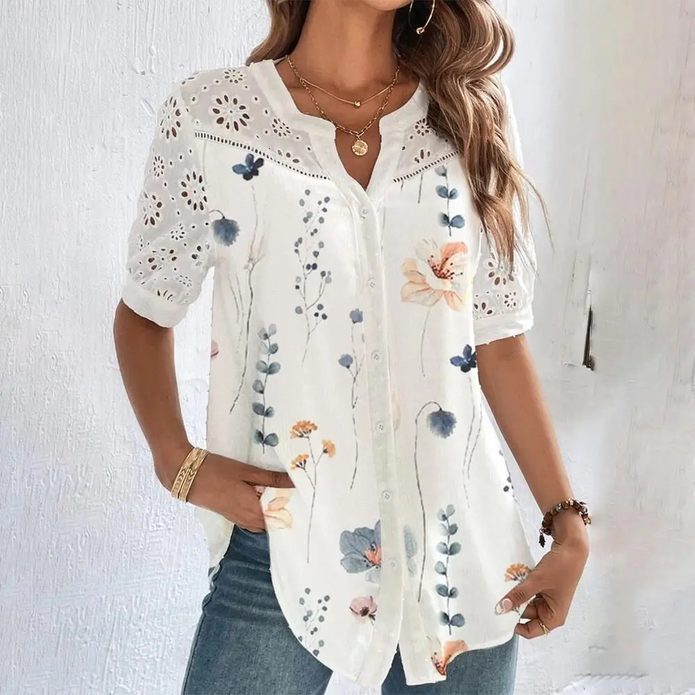 Temperament Casual Lace Woman Shirt Fashion Loose Shirt Woman Elegant Short Sleeve Blouse Holiday Weekend 250401