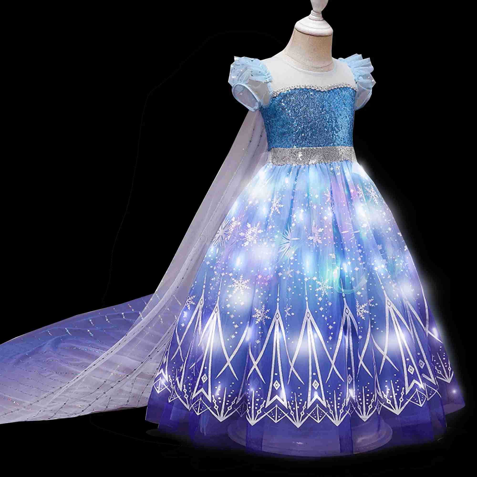 Disney Kids Copslay Elsa LED Light Up Costume Girls Birthday Party Role Playing Princess Dress with Cape Fancy Carnival Halloween Dress X250408