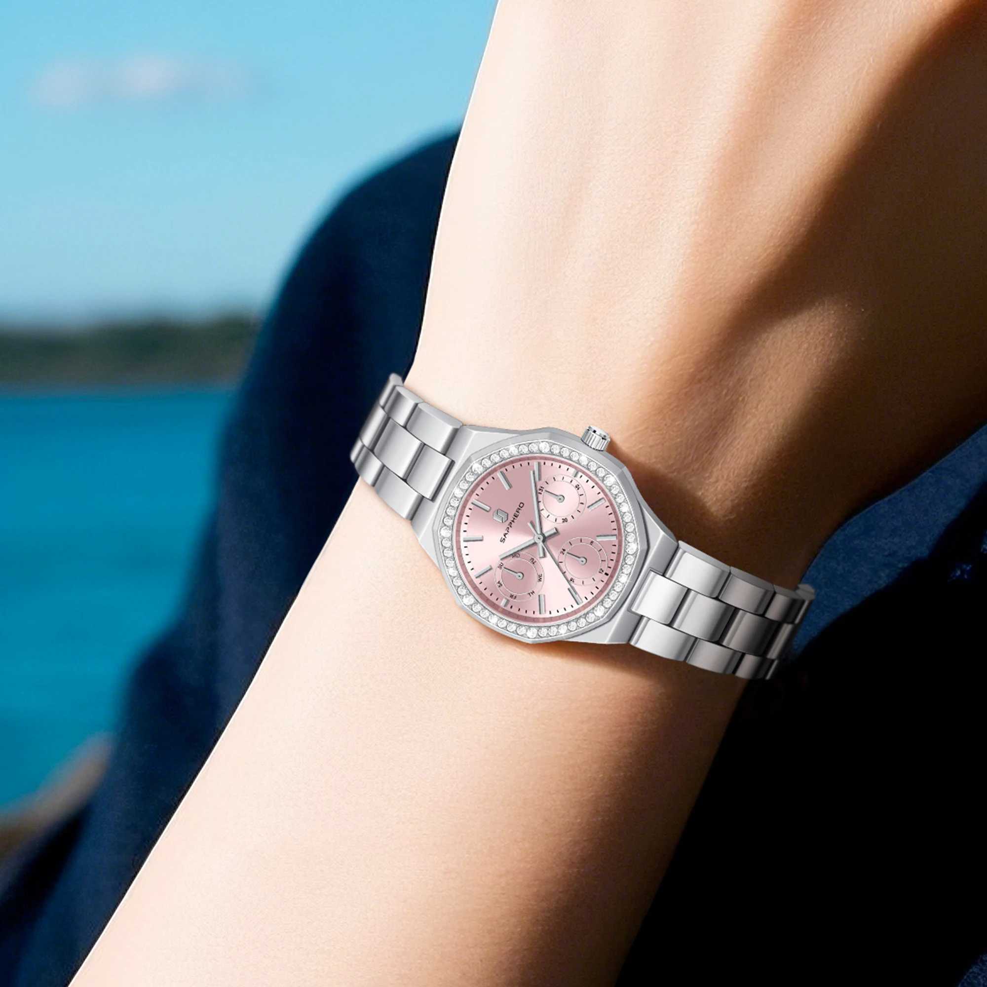 SAPPHERO Luxury Womens Watch 5ATM Waterproof Japanese Movement Stainless Steel Strap Pink Dial Elegant Womens WatchT250408